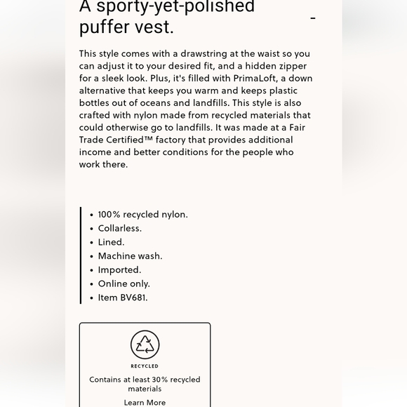 J Crew Cinched-waist puffer vest with PrimaLoft®Size Medium - Picture 2 of 5